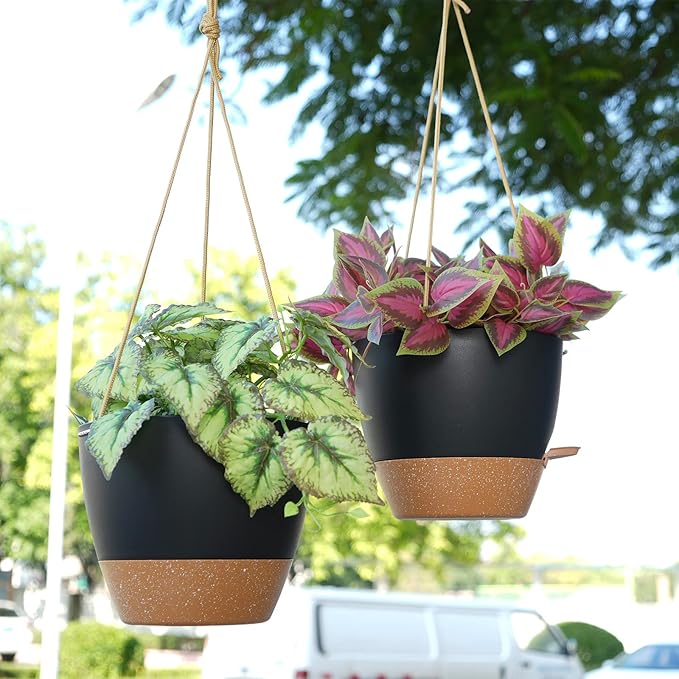 10 Inch Self Watering Hanging Pots, 2 Pack Hanging Planters with 40oZ Deep Reservior for Indoor Outdoor Plants Flowers, Black with Brown-HomvellaHome