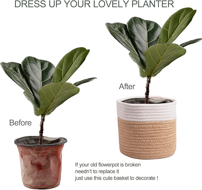 11" Cotton Rope Plant Basket Modern Woven Baskets for 10" Flower Pot Floor Indoor Planters,Storage Organizer Baskets Home Decor,Brown White 11"x 11"-HomvellaHome