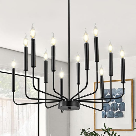 Modern Black Farmhouse Chandeliers, 12-Light Industrial Metal Chandelier Lighting, Classic Candle Hanging Pendant Light Fixtures for Living Room, Dining Room, Kitchen, Bedroom, Entryway