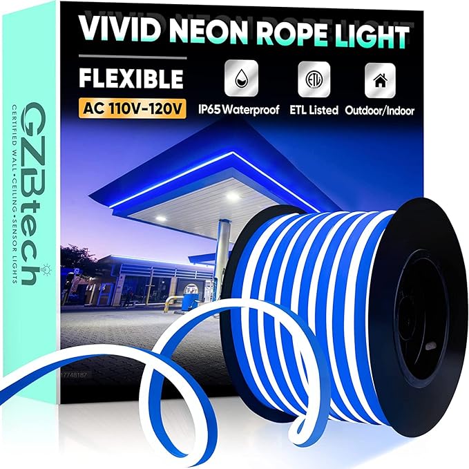 GZBtech Flexible LED Neon Rope Lights 66FT,AC 110-120V Waterproof Strip Light, 120 LEDs/M Cuttable Connectable Neon Lighting for Indoor Outdoor Home Decor/Commercial Building Use-Blue 20M-HomvellaHome