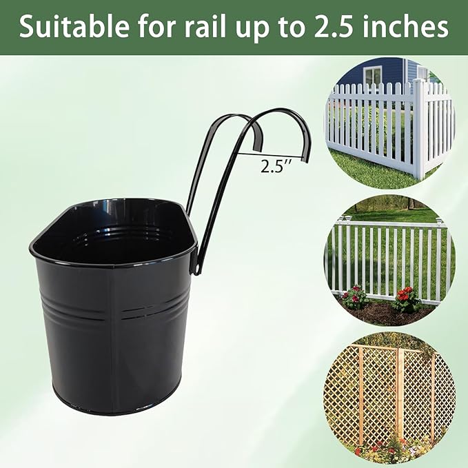 2 Pack Metal Hanging Planter for Outdoor Plants, 10 Inch Black Fence Planters Railing Pots for Garden Patio Balcony Decor, Flower Bucket with Detachable Hooks (Black, 2Pcs)-HomvellaHome