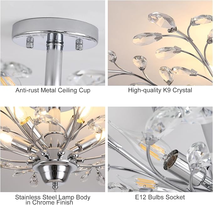 Ganeed Frozen Crystal Branch Close to Ceiling Light Chrome Silvery Vintage Chandelier with 5-Light Heads, Modern K9 Crystal Chandelier for Dining Room Living Room Bedroom Kitchen Over Table-HomvellaHome