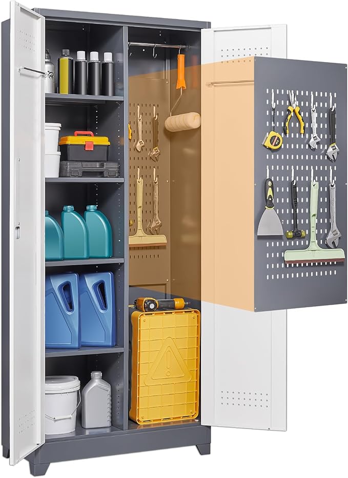 Garage Storage Cabinet,Broom Closet with Lock,Locking Cabinets with Hanging Rod & S-Hooks for School,Garage,Grey-White-HomvellaHome