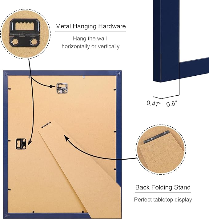 11x14 Picture Frame Set of 4, 11 x 14 Wood Photo Frames with Mat for 8x10, Natural Wooden Frame with Real Glass Cover for Wall and Tabletop Display,Blue-HomvellaHome