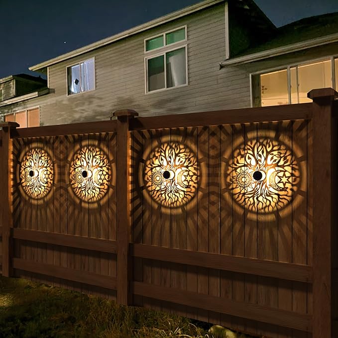 2 Pack Solar Fence Lights Metal Solar Powered Outdoor Wall Deck Step Lights Tree Theme Waterproof Fence Light for Garden Post Patio Backyard Yard Decor (Tree, 2 Pack)-HomvellaHome