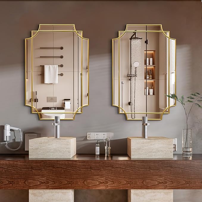 Gold Mirror for Wall, 36x24 Gold Wood Framed, Scalloped Beveled Polished Rectangle Mirror, Large Decorative Mirrors for Wall Decor, Irregular Mirror for Living Room, Bathroom Vanity, Entryway-HomvellaHome