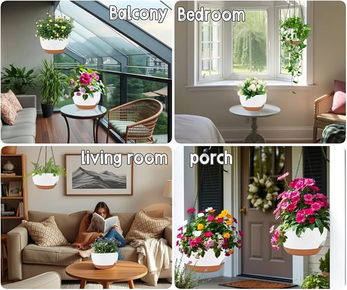 2 Pack 12 Inch Large Hanging Planters with Chains Self Watering White Brown Plastic Hanging Pots for Indoor Outdoor Plants, Garden Porch Home Decor，White Brown-HomvellaHome