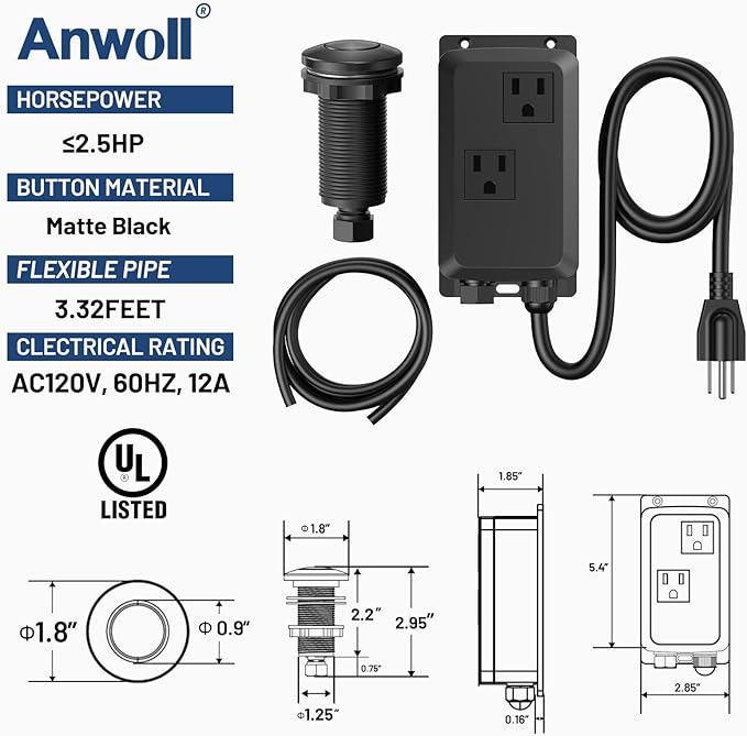 Garbage Disposal Air Switch Kit -Professional- Dual Outlet, Sink Top Waste Disposer On/Off, Garbage Disposal Button, Brass Made Cover, UL Listed-HomvellaHome