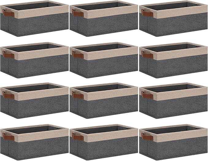 GhvyenntteS Small Fabric Storage Bins 12 Pack, 11.8" x 7.87" x 5.11" Storage Basket with Leather Handles, Closet Storage Bins for Shelves, Storage Baskets for Shelves, DVD Storage (Grey&Beige Yellow)-HomvellaHome