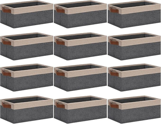 GhvyenntteS Small Fabric Storage Bins 12 Pack, 11.8" x 7.87" x 5.11" Storage Basket with Leather Handles, Closet Storage Bins for Shelves, Storage Baskets for Shelves, DVD Storage (Grey&Beige Yellow)-HomvellaHome