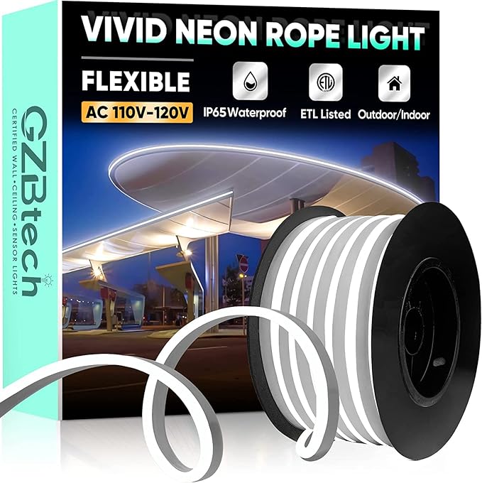 GZBtech Flexible LED Neon Rope Lights 33FT,AC 110-120V Waterproof Strip Light, 120 LEDs/M Cuttable Connectable Neon Lighting for Indoor Outdoor Home Decor/Commercial Building Use-Cold White 10M-HomvellaHome