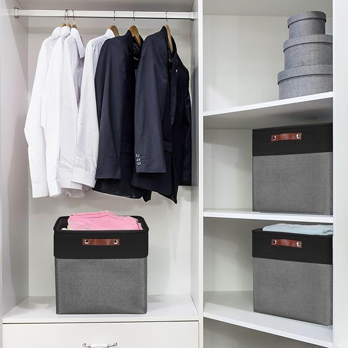 13x13 Cube Storage Bins, Collapsible Fabric Storage Box, 4 Pack Closet Baskets with Handles for Organizing, Shelf, Toys, Clothes, Home, Office, Nursery (Grey&Black)-HomvellaHome