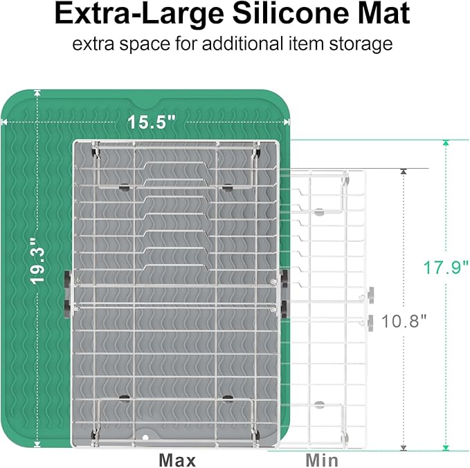 GSlife Stainless Steel Dish Drying Rack - Capacity Expandable in Sink Dish Drainer with Silicone Mat, Over Sink Dish Rack with Utensil Holder for Kitchen Counter, Large Capacity, Silver-HomvellaHome