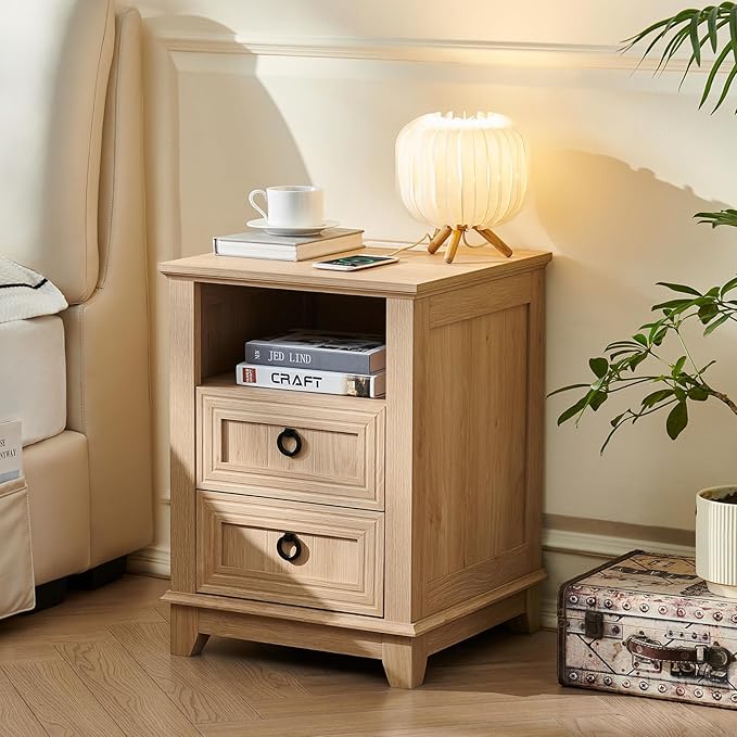 18" Farmhouse Night Stands Set of 2 with Charging Station, 2 Drawers Bedside End Table, Natural Wooden Nightstand, Bed Side Table Cabinet with Open Shelf for Bedroom Living Room Office-HomvellaHome
