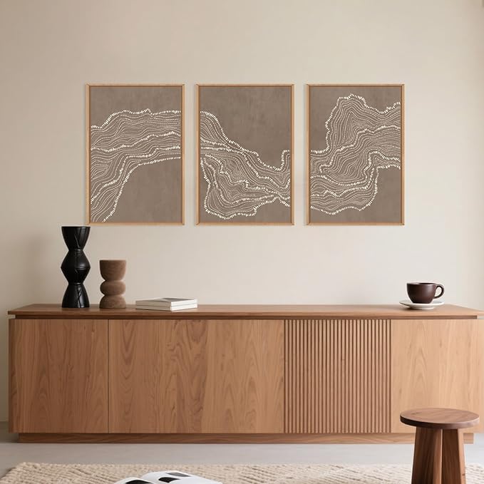 Geometric White Tan Wave Framed Canvas Wall Art Set, Abstract Line Art Painting, Modern Minimalism Wall Decor, Neutral Art Print for Living Room, Bedroom, Dining Room, Office - 16"x24"x3-HomvellaHome