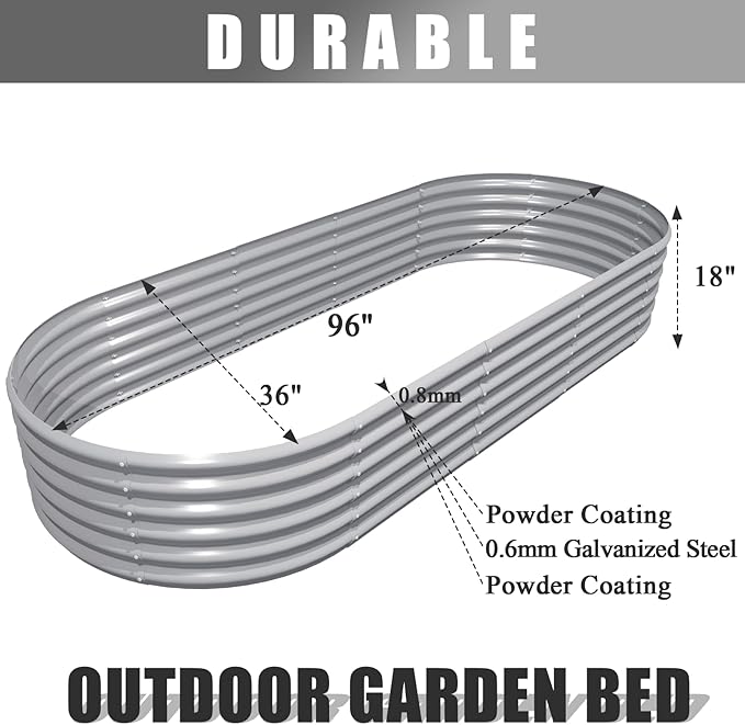 1 Pack 8x3x1.5FT Galvanized Raised Garden Bed Kit Oval Metal Ground Planter Box Outdoor Bottomless Planter Raised Beds for Vegetables Flowers Herbs Fruits, Gray-HomvellaHome