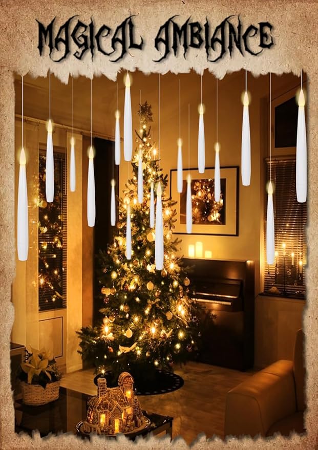 GenSwin 22pcs Flameless Floating Candle with Magic Wand Remote Timer, Battery Operated Hanging Window Candles Flickering, 6.1" LED Electric Candles for Christmas Halloween Decorations(White)-HomvellaHome