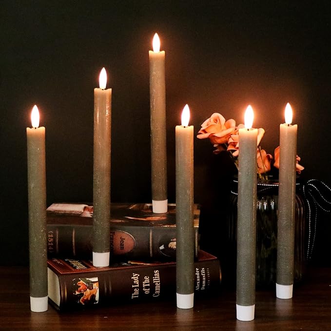GenSwin Flameless Grey Taper Candles Flickering with 10-Key Remote, Battery Operated Led Warm 3D Wick Light Window Candles Real Wax Pack of 6, Christmas Home Wedding Decor(0.78 X 9.64 Inch)-HomvellaHome