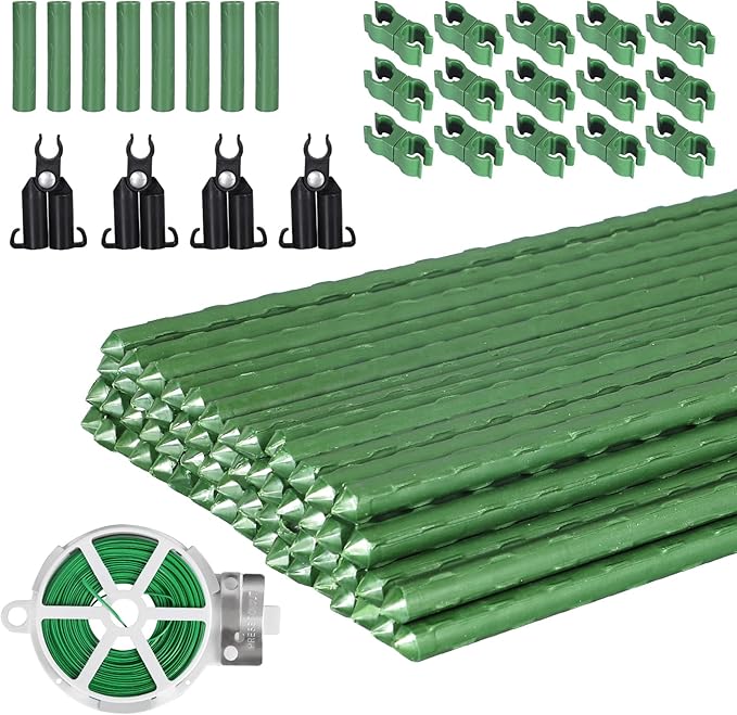 Garden Stakes 60 Pack, 16 Inch Each, DIY 3ft 4ft 5ft 6ft 7ft Sturdy Steel Plant Stakes with 50 Connectors, 30 Rotatable Clips, 10 A-Type Connecting Pipe and 164 Feet Twist Tie for Climbing Plants-HomvellaHome