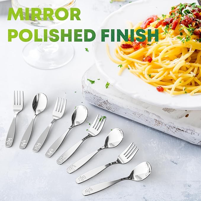 12 Pieces Toddler Utensils, Kids Stainless Steel Silverware Set - 6pcs Forks and 6pcs Spoon, Cute Children Flatware Sets with Mirror Polished, Self Feeding Safe, Dishwasher Safe-HomvellaHome