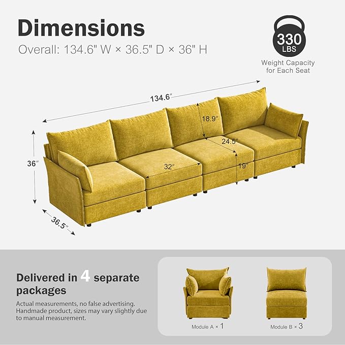 134.6" Modular Sectional Sofa, Oversized 4 Seater Couch with Removable Yellow Chenille Fabric Cover, Deep Seat & High Backrest for Living Room, Office & Apartment-HomvellaHome