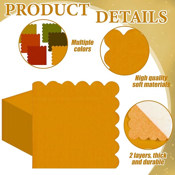 150 Pcs 5 x 5 Inches Fall Thanksgiving Paper Napkins Scalloped Cocktail Napkins Disposable Autumn Harvest Party Supplies Dessert Beverage Bathroom Table Dinner Wedding Decor-HomvellaHome