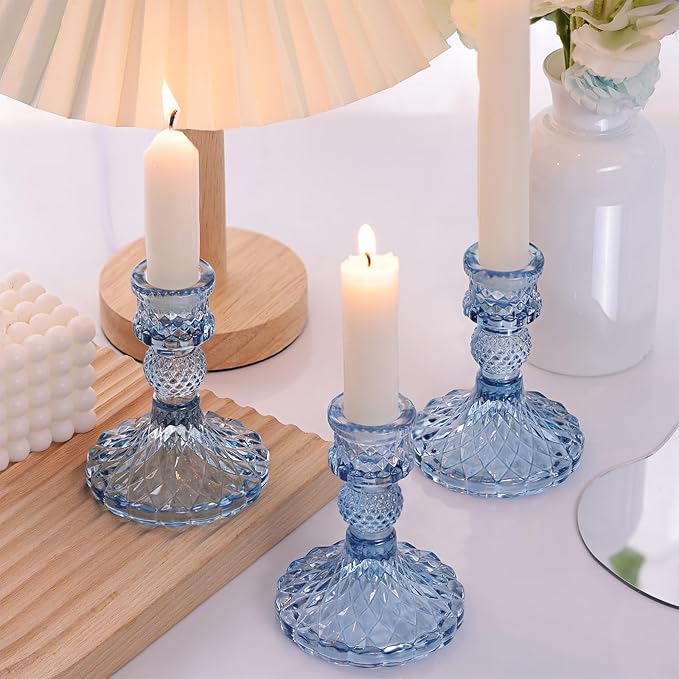 12Pcs 4" H Aqua Blue Candlestick Holders Set- Taper Candle Holders Bulk, Glass Candle Holders for Wedding, Party, Romantic Dinner Table Centerpieces, Festival Gifts & Windowsill Decor-HomvellaHome