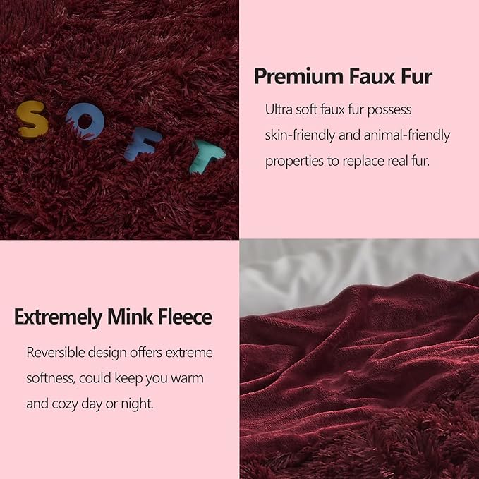 GONAAP Fuzzy Faux Fur Throw Blanket Queen Size Wine Red Super Soft Cozy Plush Fuzzy Shaggy Blanket for Couch Sofa Bed (Wine Red, Queen(90"x90"))-HomvellaHome