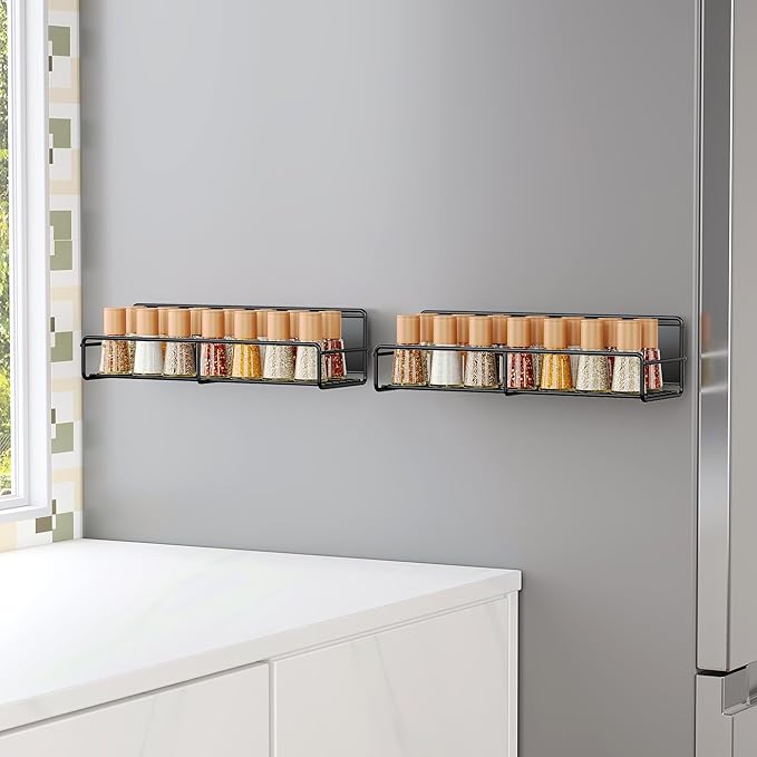 2 Pack Magnetic Spice Rack Organizer, Space Saver for Refrigerator and Microwave Oven, Magnetical Fridge Shelf for Jars, Seaoning, tins and Utensils Black-HomvellaHome