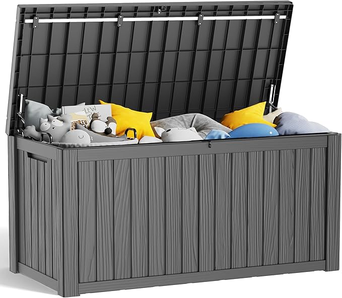 150 Gallon Deck Box,Resin Outdoor Storage Box with Lockable for Patio Furniture, Pool Accessories, Garden Tools Waterproof Outside Storage Box, Black-HomvellaHome