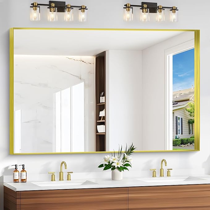 Gold Bathroom Mirror, 60x40 Inch Rectangular Framed Mirror, Large Wall Mounted Bathroom Vanity Mirror Over Sink for Bedroom,Restroom, Living Room, Hangs Vertically or Horizontally-HomvellaHome