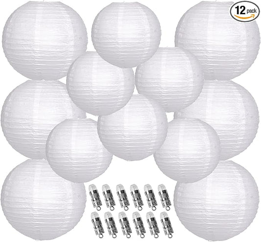 Paper Lanterns Decorative, White Hanging Round Chinese Lanterns with Lights for Wedding Anniversary Birthday Party 12 LED Light Pack of 12