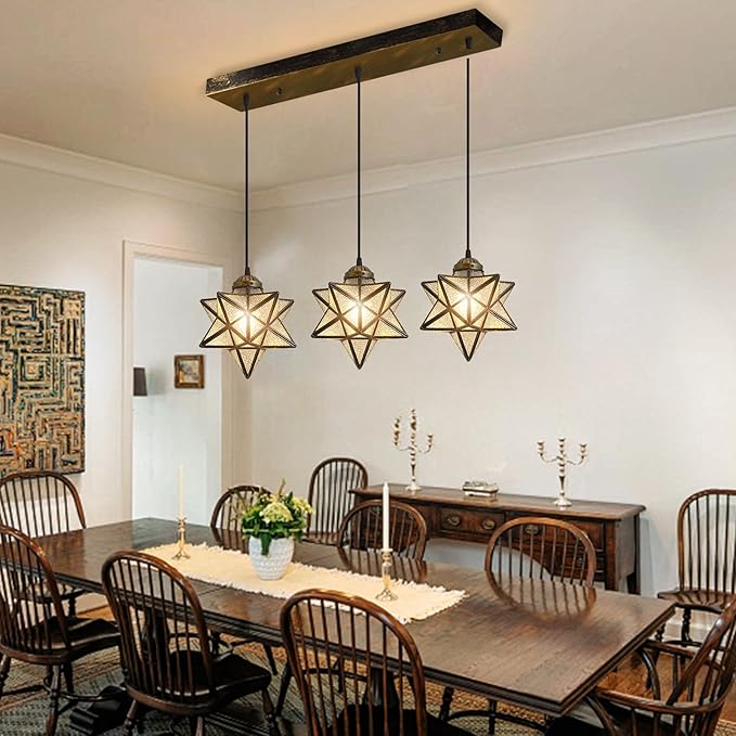Glass Glam Chandelier 3 Lights Star Pendants Light Fixture for Dining Table Kitchen Island Modern Ceiling Hanging Lights Included LED Warm Light Bulbs Oiled Bronze-HomvellaHome