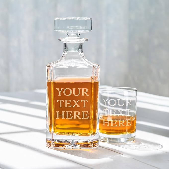 Gifts Inscribed Custom Text Whiskey Decanter & Glasses Set of 2 – Engraved Glass Cups Drinking Glasses Set of 2 – Personalized Whiskey Glasses Drinking Set – Customized Whisky Glassware Gift for Him-HomvellaHome