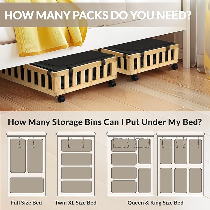 2 Pack Bamboo Under Bed Storage with Wheels, 39”x20”x7.8” Lager Under Bed Storage Containers (Natural)-HomvellaHome