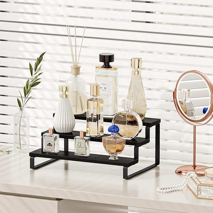 Giikin 3 Tier Spice Rack, Set of 2 Wooden Spice Rack for Countertop, Cabinet Organizer Shelf Kitchen Counter Storage Shelves Cupcake Stand Holder Display Stand, Black-HomvellaHome