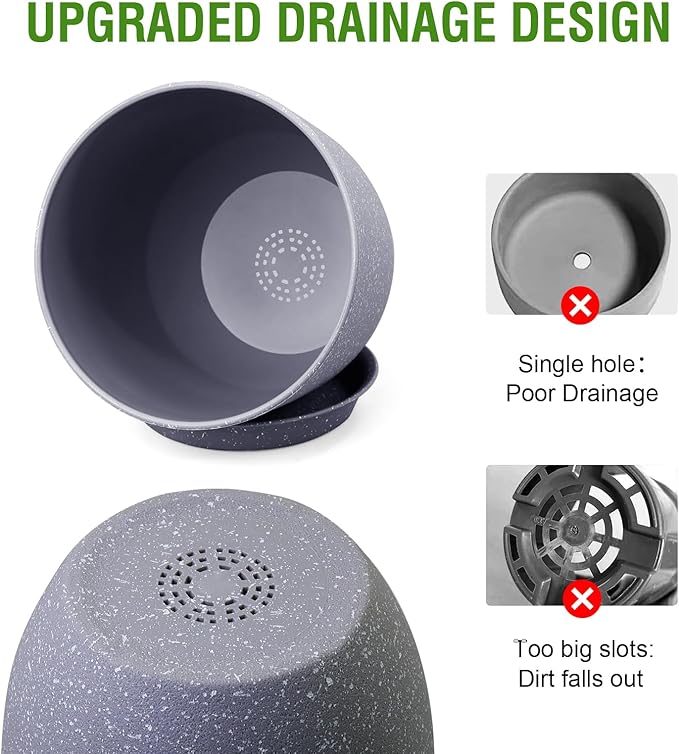 10/9/8 inch Plant Pots, Set of 3 Modern Decorative Plastic Planters with Drainage Holes and Saucers for Garden House Plants, Flower Pots for Indoor Outdoor Plants, Speckled Grey-HomvellaHome