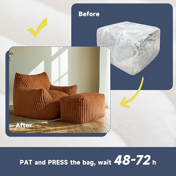 Giant Bean Bag Chairs for Adults, Oversized Chaise Lounge Chair Indoor with Memory Foam - Plush Boneless Lounger & Ottoman for Bedroom, Living Room, Gaming & Reading, Lazy Floor Sofa Chair, Orange-HomvellaHome