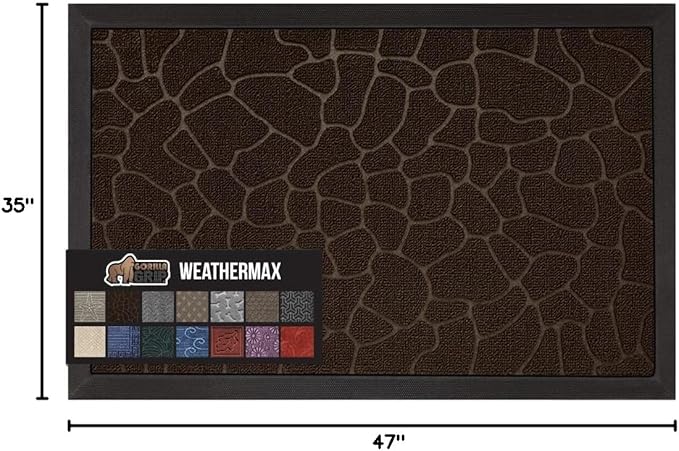 GORILLA GRIP 100% Waterproof All-Season WeatherMax Doormat, 47x35, US Designed Natural Rubber, Stain and Fade Resistant, Low Profile Indoor Outdoor Door Mats, Easy Clean Patio Mat, Dark Brown Pebble-HomvellaHome