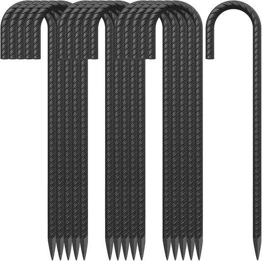 18 Inch Steel J Hook Rebar Ground Stakes 16 Pack 1/2 Inch Diameter Fence Stakes for Wire Fencing with Chisel Point End Metal Tent Stakes Heavy Duty for Outdoor Camping, Black-HomvellaHome