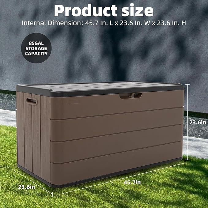 100 Gallon Plus Resin Deck Box, Waterproof Outdoor Storage Bin for Patio Furniture, Pool Accessories, and Garden Tools, Lockable & UV-Resistant, Brown-HomvellaHome