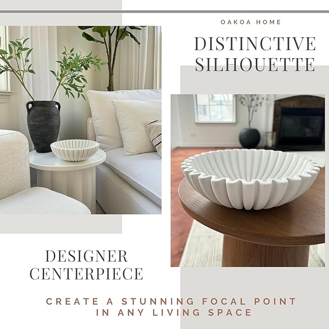 OAKOA Concrete Decorative Bowl - White Large Decorative Bowls for Home Decor - Coffee Table Bowl Decor - Scalloped Ruffle Centerpiece Bowl-HomvellaHome