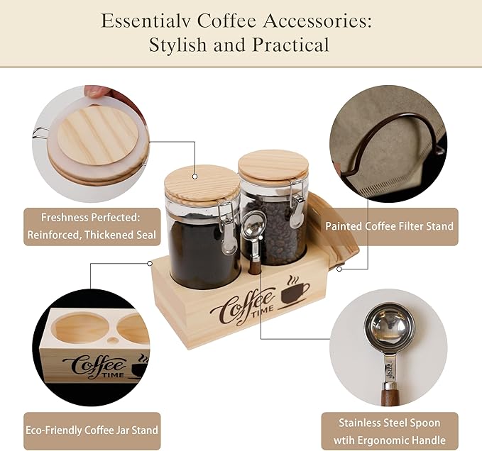Glass Coffee Canister Set with Shelf & Spoon 2 Piece Coffee Containers for Coffee Bean Storage Airtight Seal, Coffee Bar Accessories Filter Holder for Kitchen Organization-HomvellaHome
