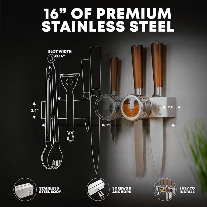 16" Magnetic Knife Holder for Wall with 2x Storage - Safe, Patented Storage Design - Stainless Steel Knife Magnetic Strip, Under Cabinet Knives Storage - Magnet Strip Rack Kitchen Utensil Organizer-HomvellaHome