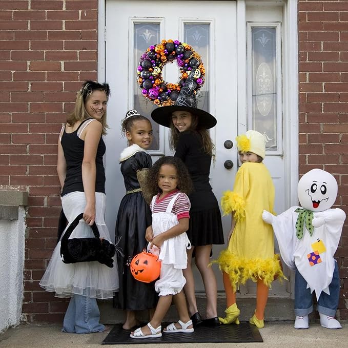 13.8 Inch Halloween Ball Wreath for Front Door with Lights, Lighted Cute Treat-or-Trick Door Wreath Ball Ornament for Halloween Indoor Decorations Centerpiece Party Holiday Wall Home Decor-HomvellaHome