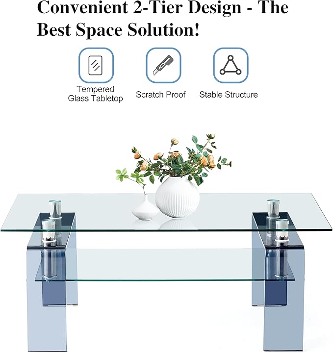 Glass Coffee Table Rectangle Living Room Center Table with Storage, Clear Tempered Glass Tabletop and Smoke Grey Leg,for Living Room and Office (Clear+Smoke)-HomvellaHome