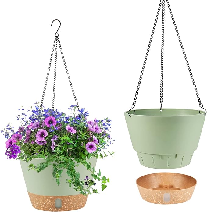 2 Pack Hanging Planters, 10 inch Indoor Outdoor Hanging Plant Pot Basket, Hanging Plastic Flower Pot with Drainage Hole with Removable Tray&Hooks for Hanging Plants,Green-HomvellaHome