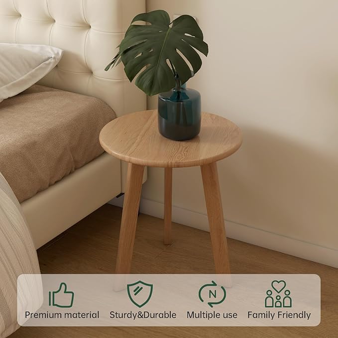 100% Solid Oak Round Side Table Set of 2, Small Bedside Table for Small Spaces, Living Room End Table with Stable Frame, Modern Nightstand for Bedroom Couch(Natural, 17.71" D x 19.68" H)-HomvellaHome