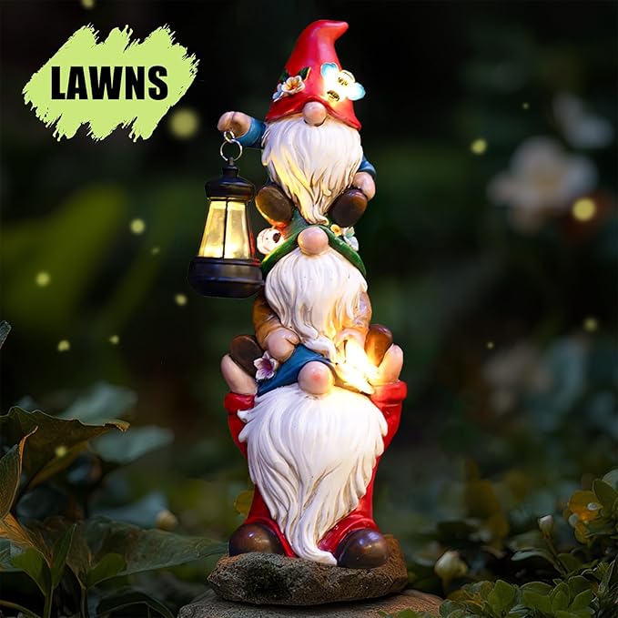 17 in Large Garden Gnome Statue with Solar Lights Sculptures Funny Triple Big Gnome Outdoor Patio Lawn Yard Balcony Garden Home Decor Gifts for Women Mom-HomvellaHome