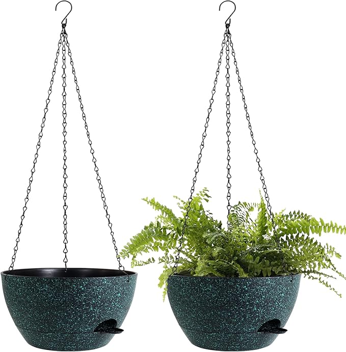 12 Inch Hanging Baskets 2 PC with Chains, Self-Watering Hanging Planters for Indoor Outdoor Plants, Plastic Hanging Flower Pots, Black with Green Speckles-HomvellaHome